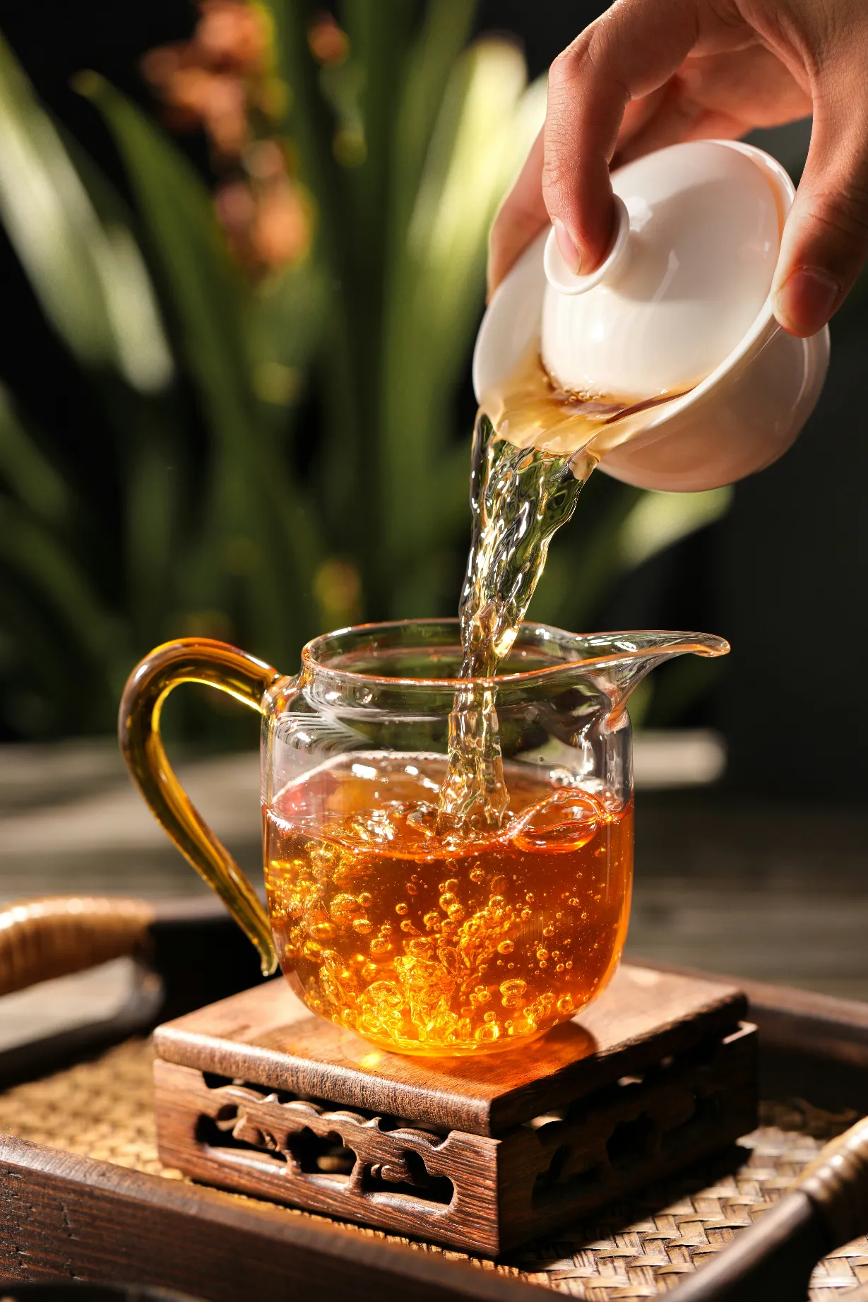 A wooden tea tray with a glass teapot being filled with warm amber tea, surrounded by green plants in soft morning light.