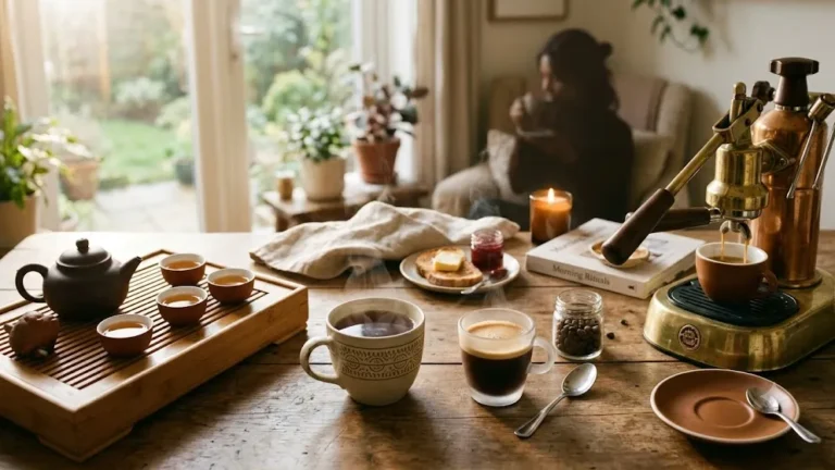 A close-up of a wooden table featuring a traditional Chinese Gongfu tea set with a teapot and small cups on the left, contrasted with a vintage manual espresso machine and a freshly brewed cup of espresso on the right, with a person relaxing in the background.
