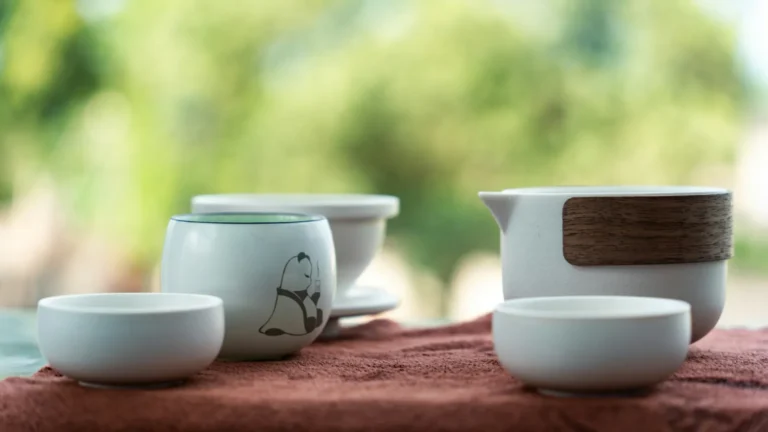 A budget-friendly ceramic gaiwan tea set with a matching fairness cup and small teacups arranged on a tea mat, featuring a clean modern design with subtle panda illustrations.