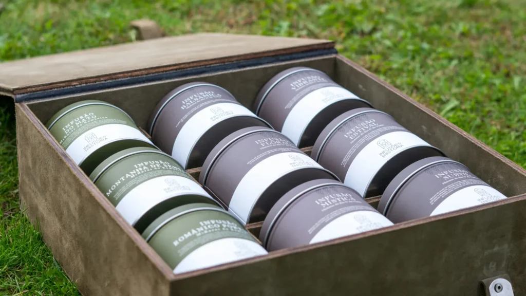 A wooden gift box filled with rows of neatly arranged, colorful tea tins displaying organic herbal infusion labels on a grass background.