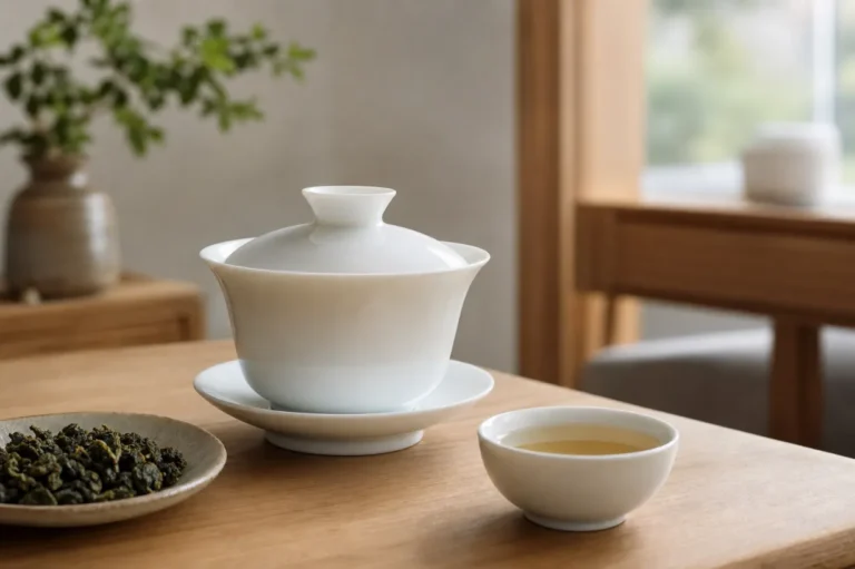 White porcelain gaiwan with oolong tea in a calm home tea setting