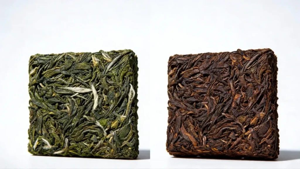 Sheng pu-erh tea brick next to a Shou pu-erh tea brick showing the difference in leaf color