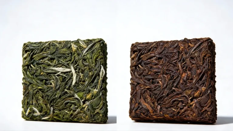 Sheng pu-erh tea brick next to a Shou pu-erh tea brick showing the difference in leaf color