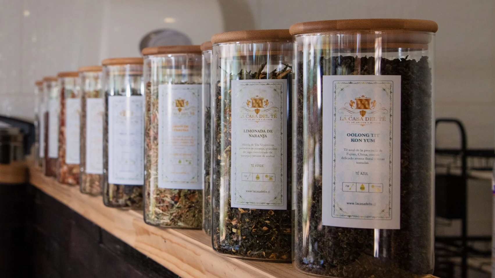Loose leaf tea displayed in labeled glass jars