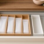 Bamboo ziplock bag organizer with four slots of food storage bags next to a white bin in an open cream kitchen drawer
