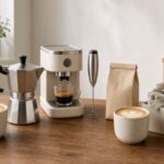 Coffee lover gift ideas on a walnut counter: a stovetop moka pot, a cream compact espresso machine, a handheld milk frother, two latte cups, a kraft bag of coffee beans and a gift box tied with a sage ribbon