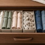 Open walnut dresser drawer with file-folded cream, sage and peach tops standing upright, rolled socks in linen bins and folded jeans