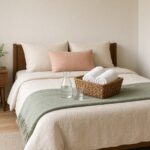 Guest room ready for holiday visitors: a freshly made bed with a sage throw, a wicker welcome basket with rolled towels and a water carafe, and a closet with empty wooden hangers