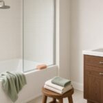Freshly deep cleaned bathroom with a white tub-shower and glass panel, a walnut vanity with a white sink, a wooden tray of plain spray bottles and a scrub brush on the tub edge, a sage green towel, a peach sponge and folded towels on a walnut stool