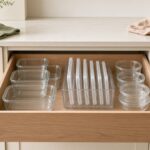 Open kitchen drawer with nested glass food storage containers in rows and plastic lids standing upright in a clear lid organizer