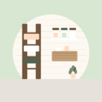 Flat illustration of a towel ladder, wall shelf with jars and a woven basket in a small bathroom