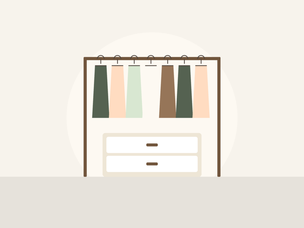 Flat illustration of a freestanding clothes rail with matching hangers above a two-drawer unit