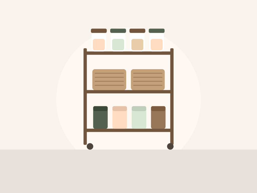 Flat illustration of a rolling cart holding pantry jars, baskets and canisters