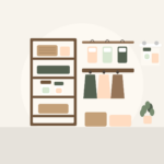 Flat illustration of freestanding shelves, hanging organizers, baskets, and a small plant in linen, walnut, sage, and peach tones — no-damage renter storage