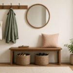 Compact entryway with no closet: wall hooks with a tote and jacket, a round mirror, a slim walnut bench with shoe baskets and a plant