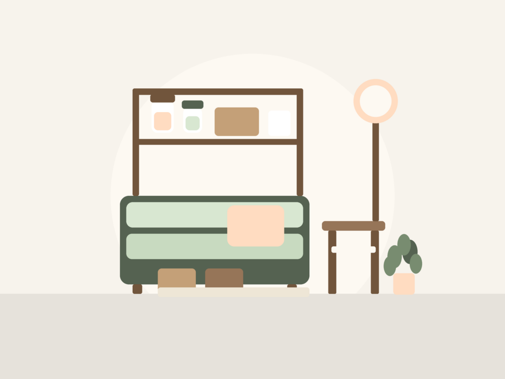 Flat illustration of a calm studio apartment living area with a sage sofa, under-bed baskets, a rolling side table, open shelf, and a plant, no text