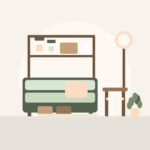 Flat illustration of a calm studio apartment living area with a sage sofa, under-bed baskets, a rolling side table, open shelf, and a plant, no text