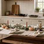 Thanksgiving table set on a budget with a linen runner, mini pumpkins, eucalyptus and taper candles in front of a tidy kitchen with a cutting board, chef knife, skillet and roasting pan