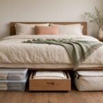 Under-bed storage in a small bedroom: clear lidded boxes with folded sweaters, a rolling wooden drawer of folded sheets, and a zippered fabric storage bag under a wood bed frame
