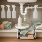 Organized kitchen under-sink cabinet with spray bottles hanging on a tension rod, clear bins, a turntable and a sliding organizer around the pipes
