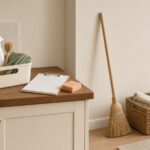 Cream cleaning caddy with spray bottles, sage microfiber cloths and a scrub brush on a walnut counter beside a blank clipboard and peach sponge, with a broom and a basket of folded towels nearby, ready for a weekly house cleaning schedule
